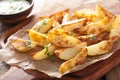 Baked potato wedges with yogurt dip Royalty Free Stock Photo