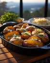 Baked potatoes with feta cheese and herbs in a baking dish