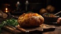 Baked potatoes with herbs on a wooden board, generated by artificial intelligence