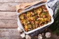 Baked potatoes with meat, mushrooms. horizontal top view Royalty Free Stock Photo