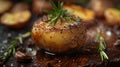 Baked potatoes with rosemary and garlic on a dark wooden background.