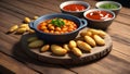 Baked potatoes with sauce snack meal on rustic wooden table.