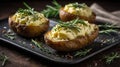 Delicious Baked Potatoes Topped with Butter and Fresh Rosemary Sprigs on a Rustic Plate Royalty Free Stock Photo
