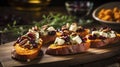 Baked pumpkin with blue cheese, cranberries, nuts and honey on a wooden board Generative AI