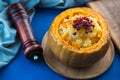 Baked Pumpkin with Rice and spices. Cut Baked Pumpkin with Rice and pomegranate with onion, sweet healthy dish. Royalty Free Stock Photo