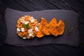 Baked pumpkin salad with green buckwheat and feta cheese