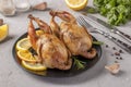 Baked quails with lemon and orange served on a dark plate on a gray background