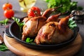 Baked quails in pan on a dark background Royalty Free Stock Photo