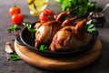 Baked quails in pan on a dark background Royalty Free Stock Photo