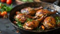 Baked quails in pan on a dark background Royalty Free Stock Photo