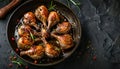 Baked quails in pan on a dark background Royalty Free Stock Photo
