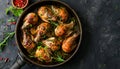 Baked quails in pan on a dark background Royalty Free Stock Photo