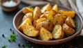 Baked quarters of potatoes on plate. AI generated.