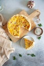 Baked quiche pie with sausages, cheese and eggs fro breakfast