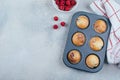 Baked Raspberry Muffins on a cooling rack on blue concrete table background. Top view, copy space Royalty Free Stock Photo