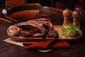 Baked ribs with suace and vagetables. Food photo for restaurant menu Royalty Free Stock Photo