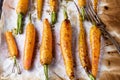 Baked Roasted Raw Freah Carrots with Olive Oil and Spices Lying on Baking Tray Top View Horizontal Healthy Diet Organic Food