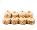 baked rolls with tuna shavings on white background for restaurant website menu Royalty Free Stock Photo