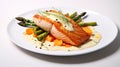 baked salmon and asparagus with sauce in a restaurant