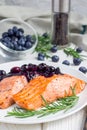 Baked salmon fillet with blueberry rosmarin sauce on white plate Royalty Free Stock Photo