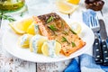 Baked salmon fillet and boiled potatoes Royalty Free Stock Photo