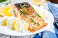 Baked salmon fillet and boiled potatoes Royalty Free Stock Photo