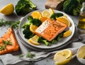 Baked salmon fillet with broccoli and sweet potato. Whole 30 II