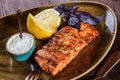 Baked salmon fillet with cheese sauce, basil and lemon on plate on wooden background. Hot fish dish. Top view. Royalty Free Stock Photo