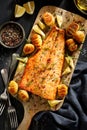 Baked salmon fillet with hasselback potatoes, lemon and fresh herbs served on a wooden board Royalty Free Stock Photo