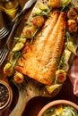 Baked salmon fillet with hasselback potatoes, lemon and fresh rosemary served on a wooden board Royalty Free Stock Photo