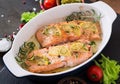 Baked salmon fillet with rosemary, lemon and honey.