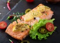 Baked salmon fillet with rosemary, lemon and honey.