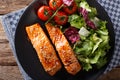 Baked salmon fillet with sesame seeds and fresh salad closeup. H Royalty Free Stock Photo