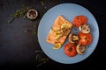 Baked salmon fish fillet with tomatoes, mushrooms and spices. Royalty Free Stock Photo