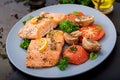 Baked salmon fish fillet with tomatoes, mushrooms and spices Royalty Free Stock Photo