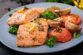 Baked salmon fish fillet with tomatoes, mushrooms and spices. Royalty Free Stock Photo