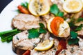 Baked salmon fish fillet with tomatoes, mushrooms and spices. Diet menu, closeup Royalty Free Stock Photo