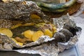 Baked salmon fish in foil. Tasty dish, cooked with potatoes and dill. Royalty Free Stock Photo