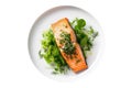 Baked Salmon With Garlicnd Herbs On White Plate On A White Background