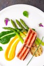 Baked salmon garnished with asparagus. Italian restaurant. Menu. Royalty Free Stock Photo