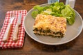 Baked salmon lasagna with cheese and spinach Royalty Free Stock Photo