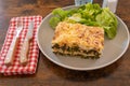 Baked salmon lasagna with cheese and spinach Royalty Free Stock Photo