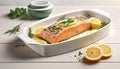 Baked salmon with lemon and herbs in baking dish on wooden table