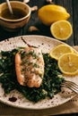 Baked salmon served on stewed spinach with lemon butter sauce. Royalty Free Stock Photo