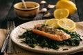 Baked salmon served on stewed spinach with lemon butter sauce. Royalty Free Stock Photo
