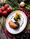 Baked Salmon Steak with Spinach and Lemon Slice Royalty Free Stock Photo