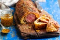 Baked sausage roll.selective focus