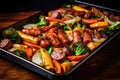 Baked sausage with vegetables on a baking sheet