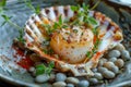 Baked Scallop in Scallops Shell, Gourmet Seafood Exquisitely Served on Sea Pebbles Closeup Royalty Free Stock Photo