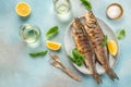 Baked sea Bass fish, grilled seabass with white wine. banner, menu, recipe place for text, top view Royalty Free Stock Photo